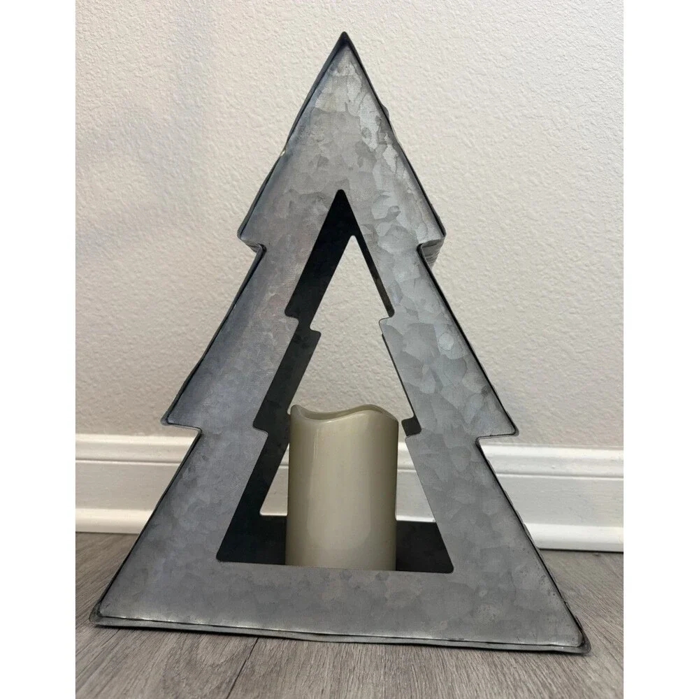 Galvanized Metal Christmas Tree Candle Holder Rustic Decorative, Place A Bid